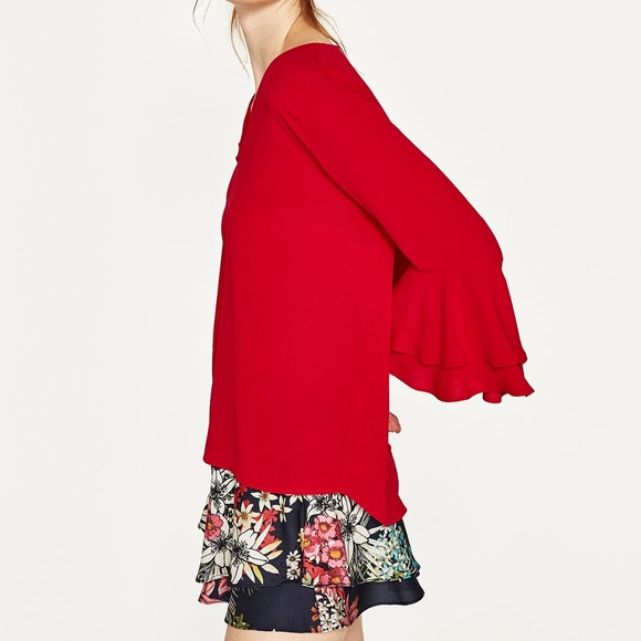 NWT Zara 3/4 Sleeve Ruffle Red Blouse Size Small - Picture 2 of 6